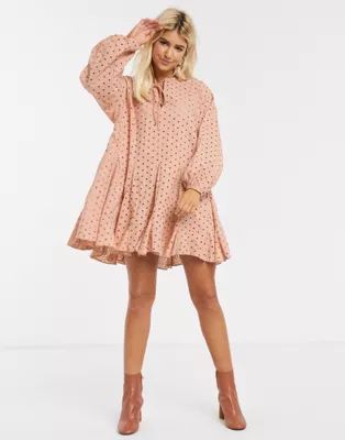 ASOS DESIGN trapeze mini dress with godets in broderie in mink | ASOS (Global)