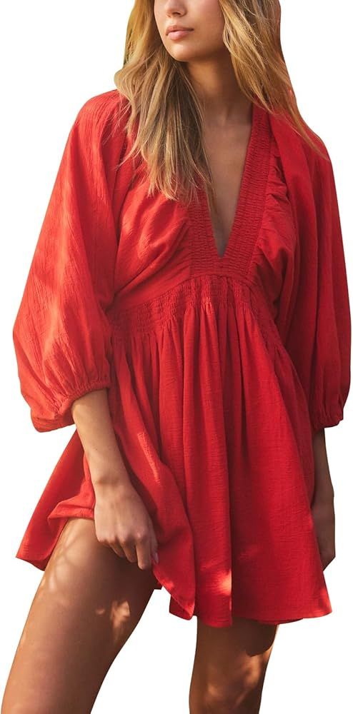 Ladyful Women's Cotton Linen Mini Dress V Neck A-Line Beach Sundress | Amazon (US)