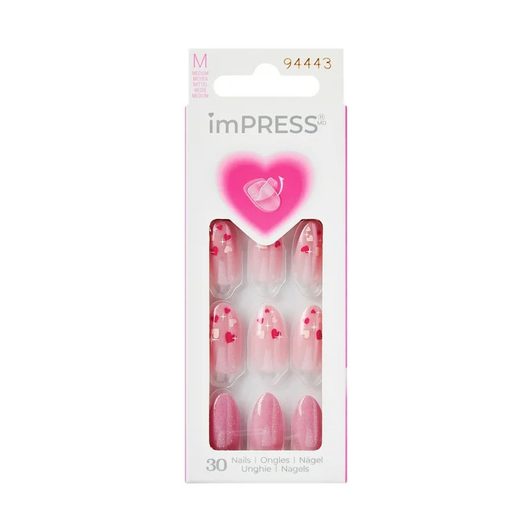 KISS imPRESS Design  Valentine's Day Press on Nails, Much Love, Pink, Medium Almond, 30 Count | Walmart (US)