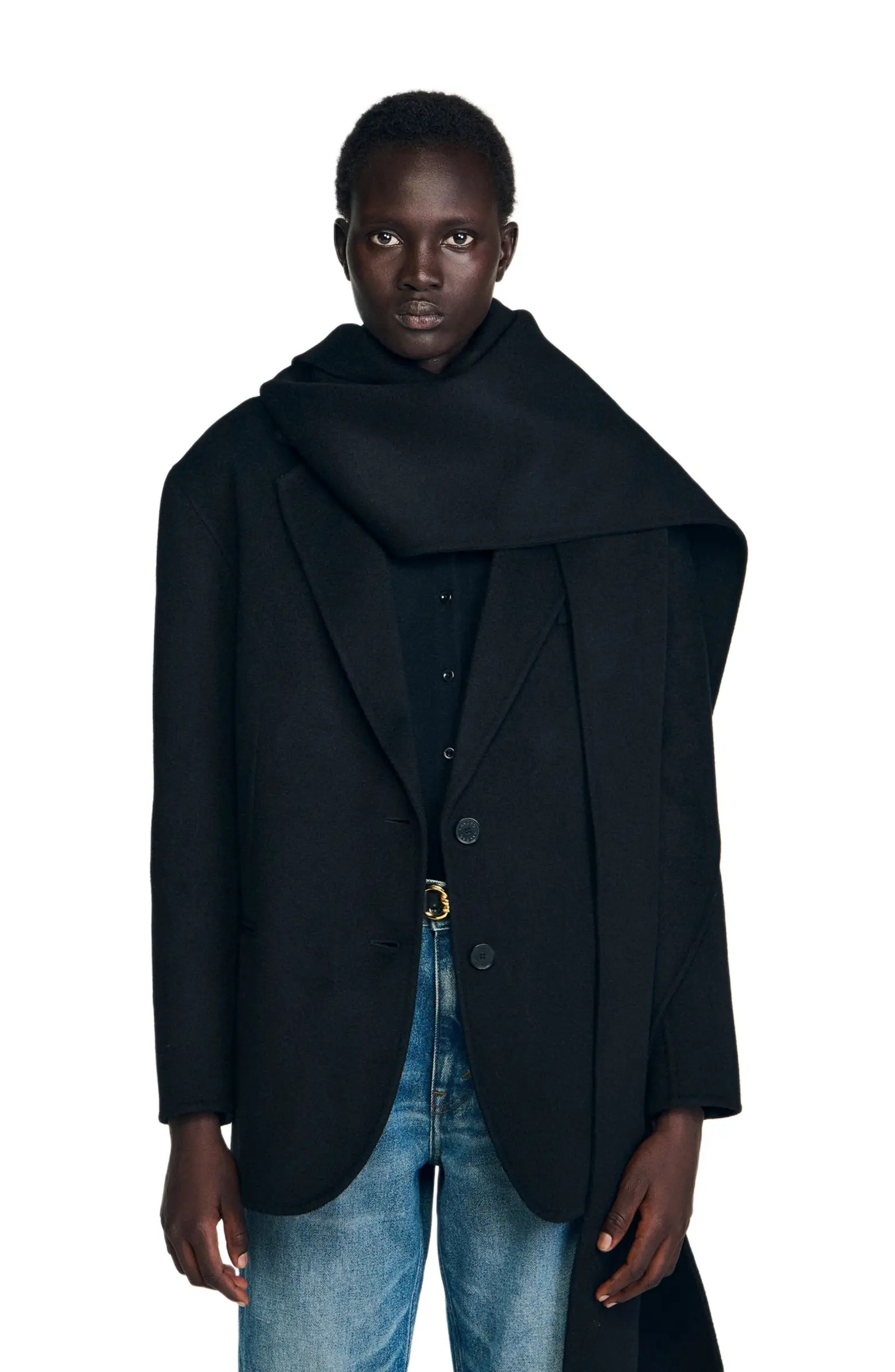 SANDRO Short coat with removable scarf | Nordstrom | Nordstrom