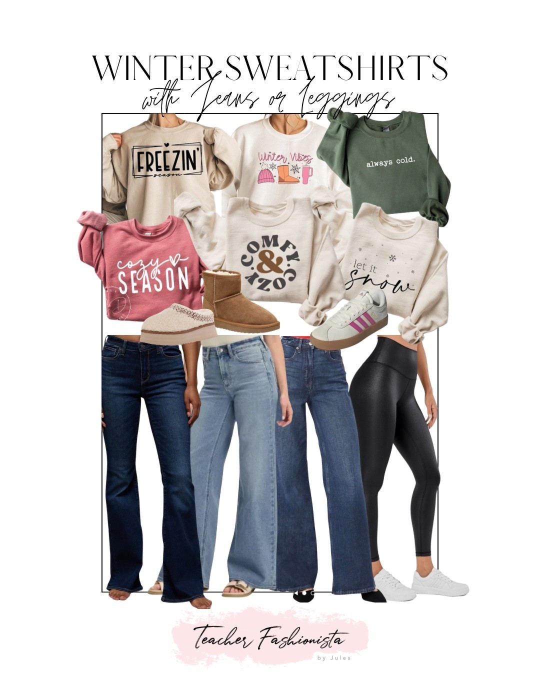 Cute winter sweatshirts with wide leg or flare jeans outfits (or add faux leather leggings!) I love wearing these on their own or with a vest layered over. Uggs or sneakers make it even more cozy😍


Winter outfit ideas, jeans outfits, casual outfits in the winter, Etsy shops

#LTKSaleAlert #LTKFindsUnder50