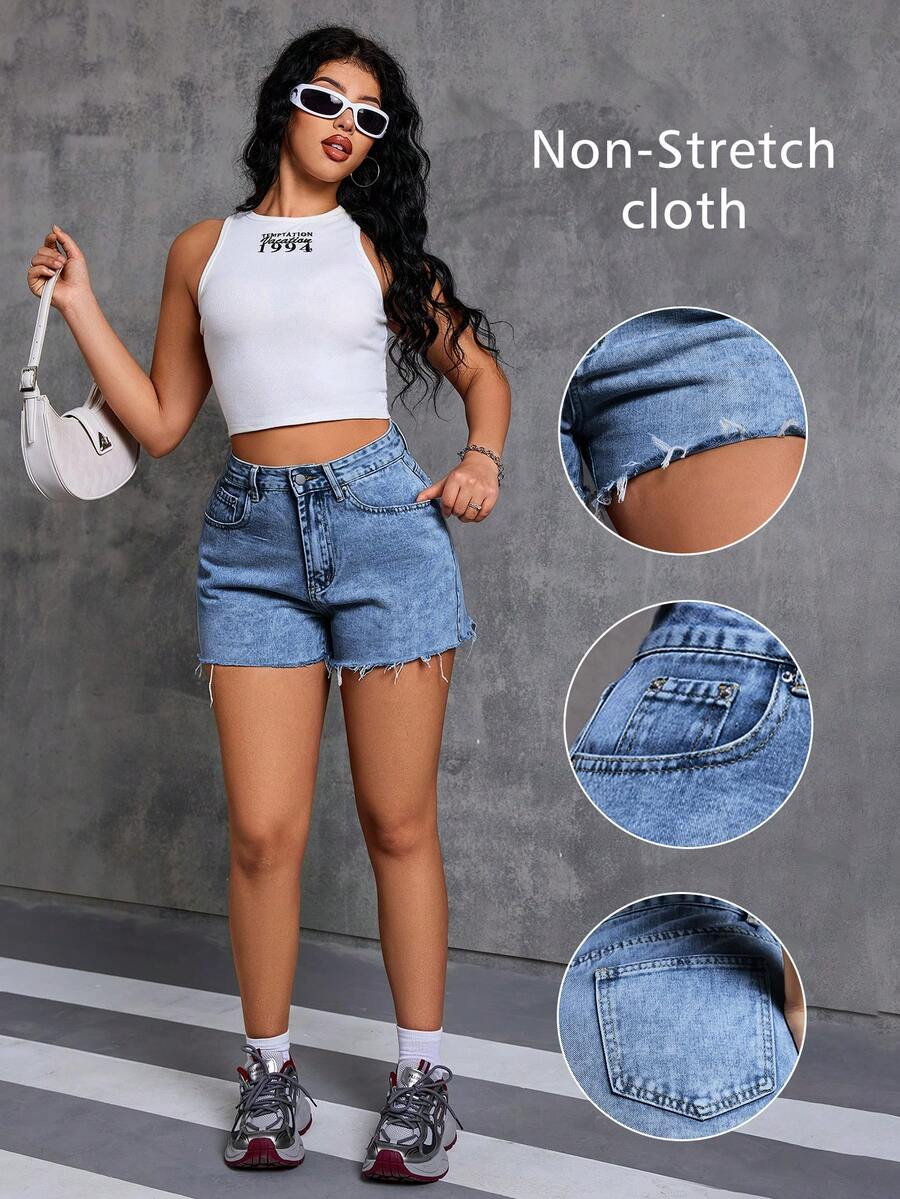 Women's Casual Summer Washed Denim Shorts, Frayed Hem, Pockets, Straight Leg Non-Stretch | SHEIN