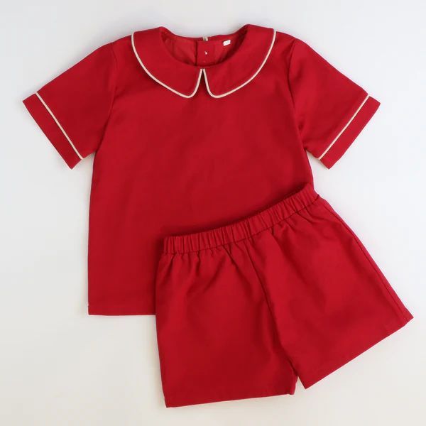 Crimson & Cream Linen Short Set | Southern Smocked Co.