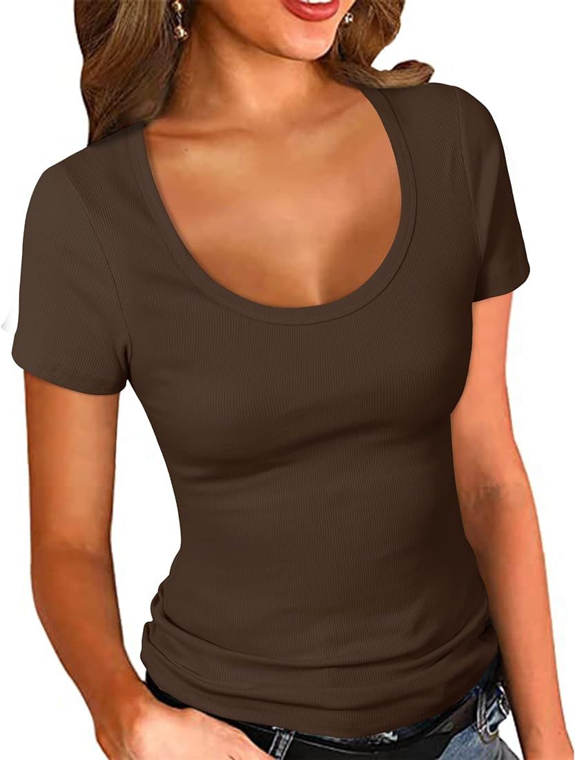 PALINDA Women's Scoop Neck Ribbed Fitted Shirt Basic Short Sleeves Summer T Shirt Tops | Amazon (US)