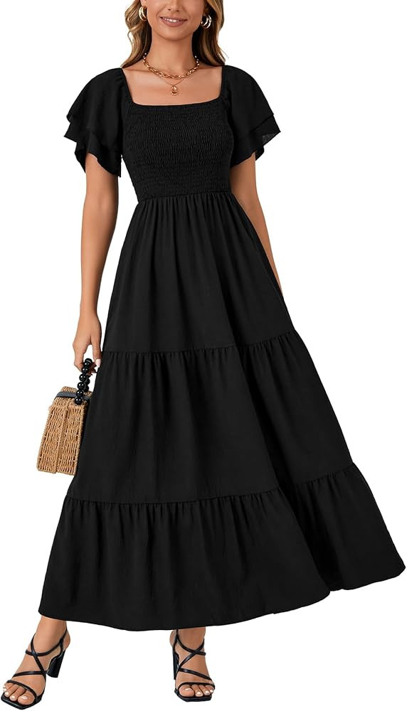 LYANER Women's Casual Summer Midi Dress Ruffle Short Sleeve Square Neck Smocked Tiered Ruffle Dre... | Amazon (US)