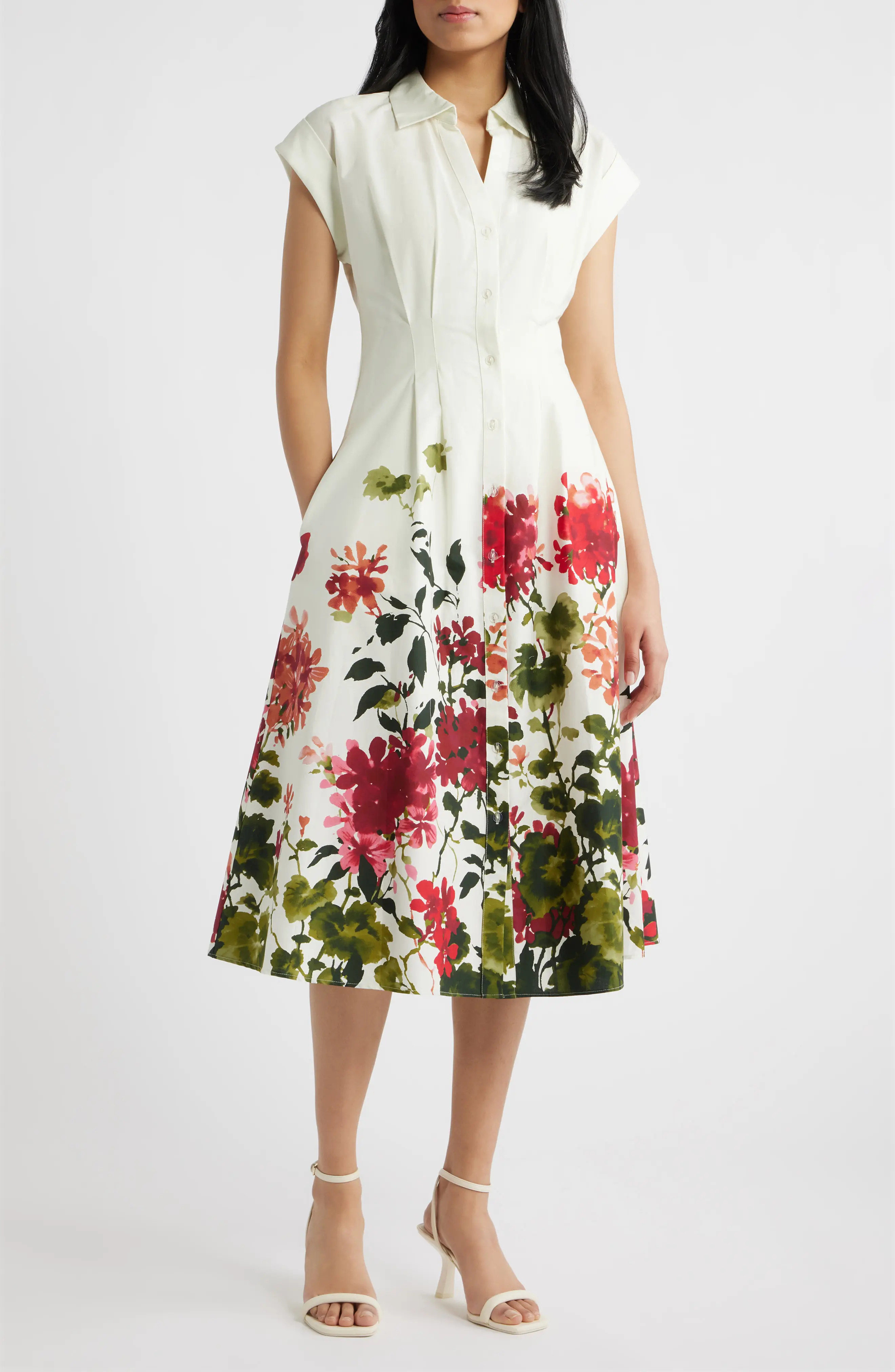 Floral Placement Pleated Stretch Cotton Midi Shirtdress (Women) | Nordstrom | Nordstrom