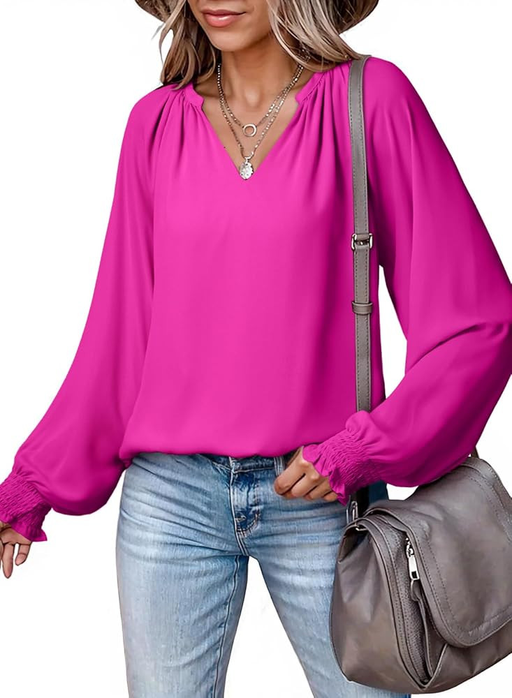 Dokotoo Womens Blouses Dressy Casual Flowy Boho Tops V Neck Long Sleeve Shirts | Amazon (US)