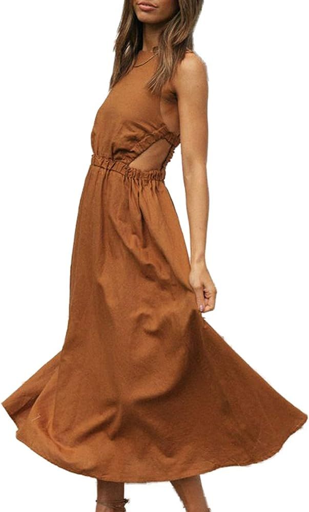 Huaxiafan Summer Dresses, Women's Maxi Dress-Backless Sleeveless Casual A-Line Boho Dress | Amazon (US)