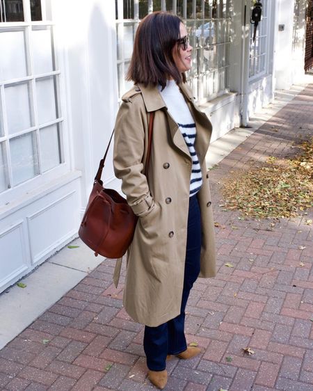 Trench Coat- I sized up one.
Striped Sweater- wearing a medium, fits TTS. 
Bootcut Jeans- fit TTS
Boots- Size up half size


#LTKstyletip #LTKSeasonal #LTKFind