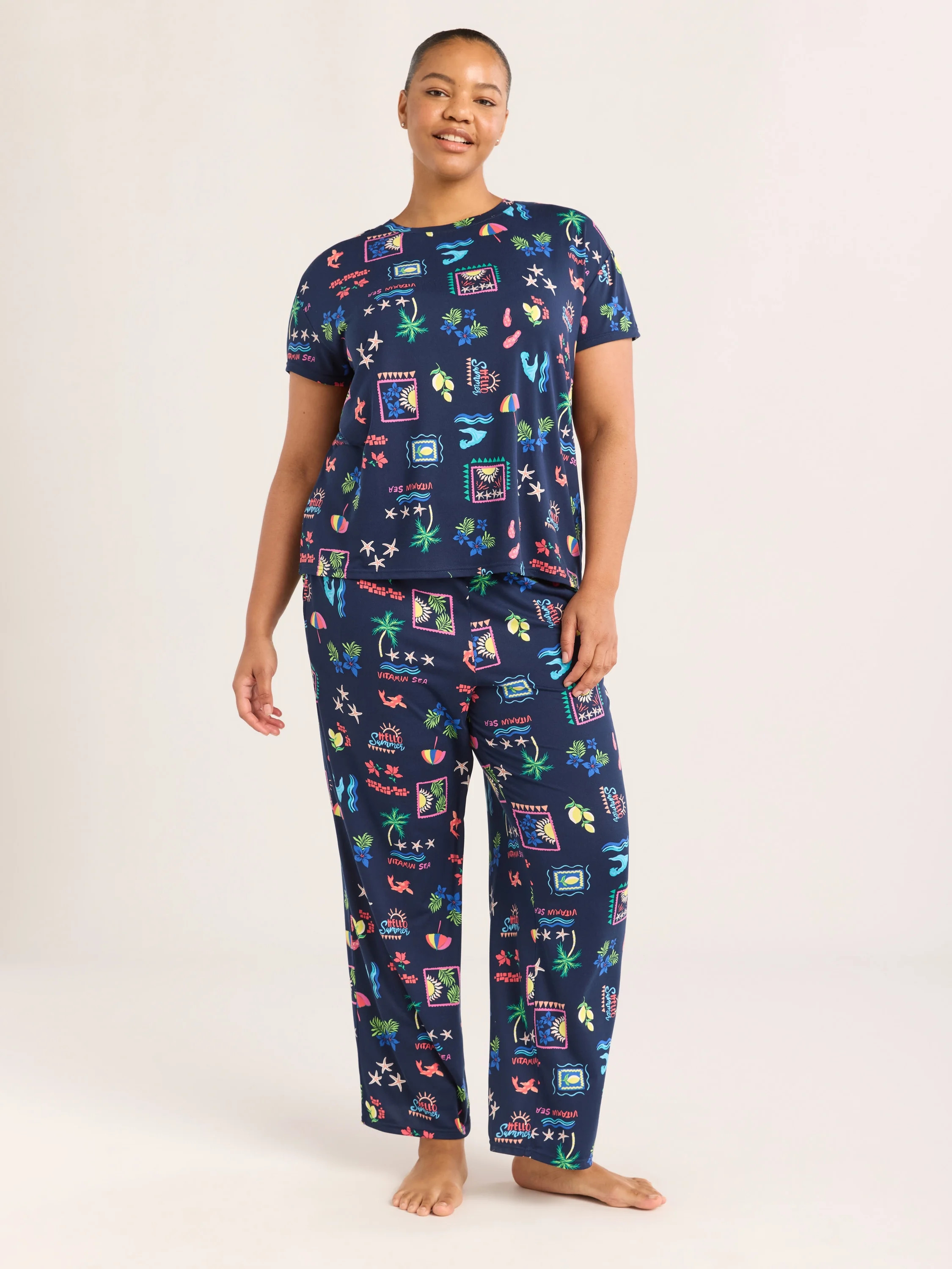 Joyspun Women's Short Sleeve Sleep Top and Open Leg Pants Pajama Set, 2-Piece, Sizes XS-3X | Walmart (US)