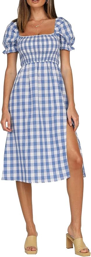 R.Vivimos Summer Dress for Women Cotton Plaid Puff Sleeves Casual Off-Shoulder Boho Side Slit Mid... | Amazon (US)