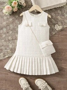 SHEIN Young Girl Pleated Hem Tweed Dress | SHEIN