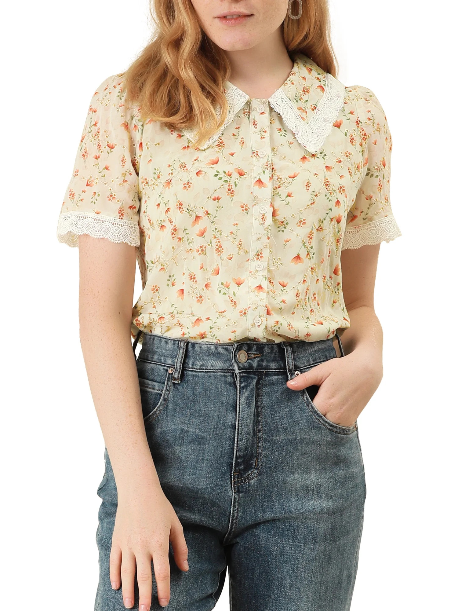 INSPIRE CHIC Women's Peter Pan Collar Shirt Lace Trim Floral Embroidered 1940s Peasant Blouse XS ... | Walmart (US)