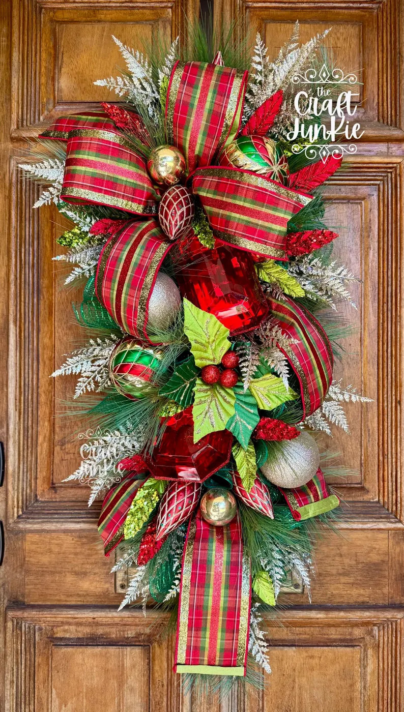 Jeweled Red Green Swag Wreath | Traditional Christmas Front Door Wreath | Christmas Door Hangers ... | Etsy (Global)