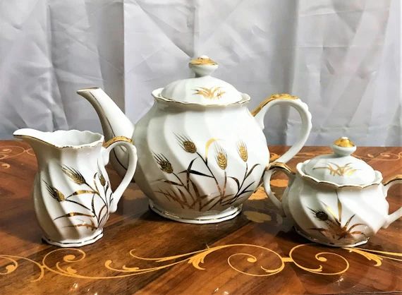 Lefton Porcelain Teapot, Covered Sugar and Creamer, Golden Wheat, Gold Trim, Tea Set | Etsy (US)