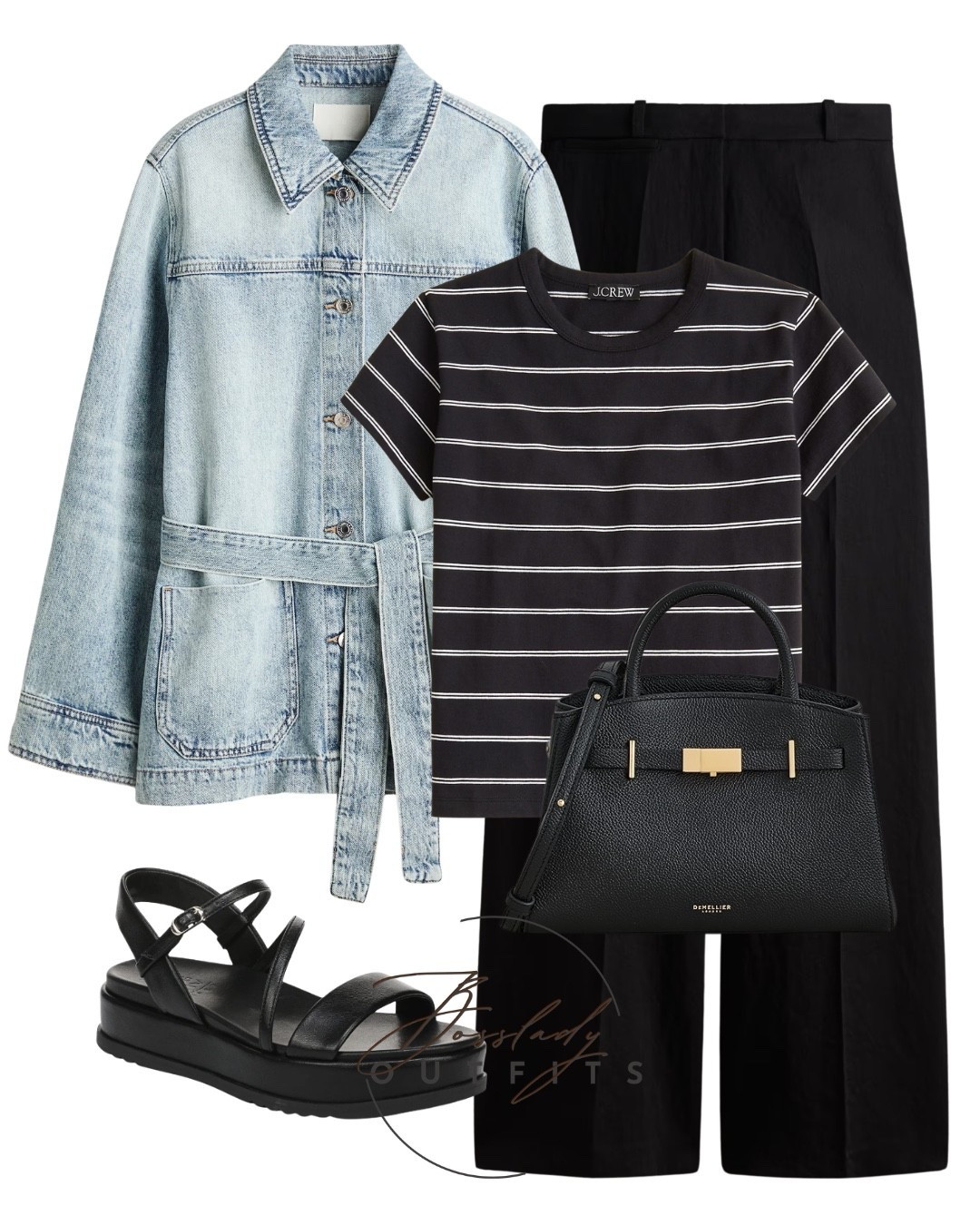 Effortless everyday chic. 🖤 Mastering your transitional wardrobe starts with these classic closet staples! Elevate a staple black and white striped tee and tailored black trousers with this must-have light-wash belted denim jacket for a flattering, structured vibe. Finished with comfortable black platform sandals and a sleek black top-handle bag with gold hardware. The perfect easy, minimalist outfit for casual Fridays or weekend errands!

#LTKshoes #LTKbag #LTKstyletip