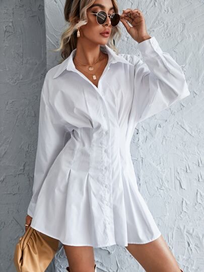 Button Front Shirred Back Shirt Dress | SHEIN