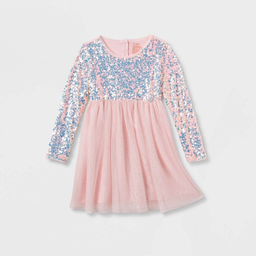 Girls' Adaptive Long Sleeve Sequin Tulle Dress - Cat & Jack Soft Pink XL | Target