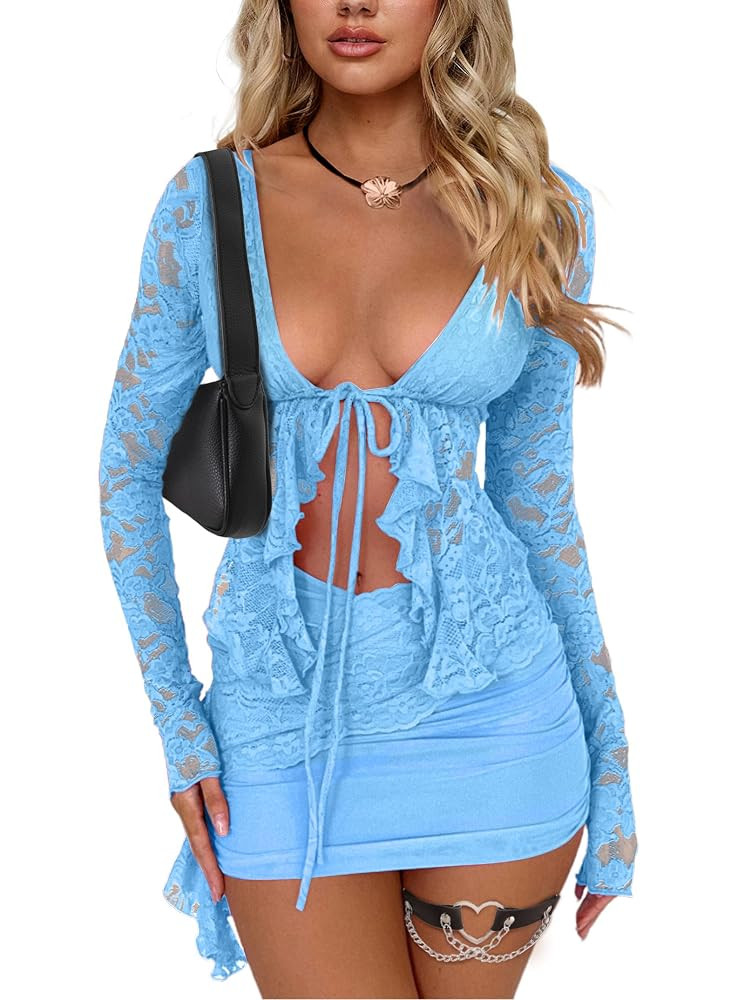 CSDAJIO 2 Piece Outfits for Women Floral Lace Open Front Tie Up Long Sleeve Crop Top Blouse Shirt... | Amazon (US)