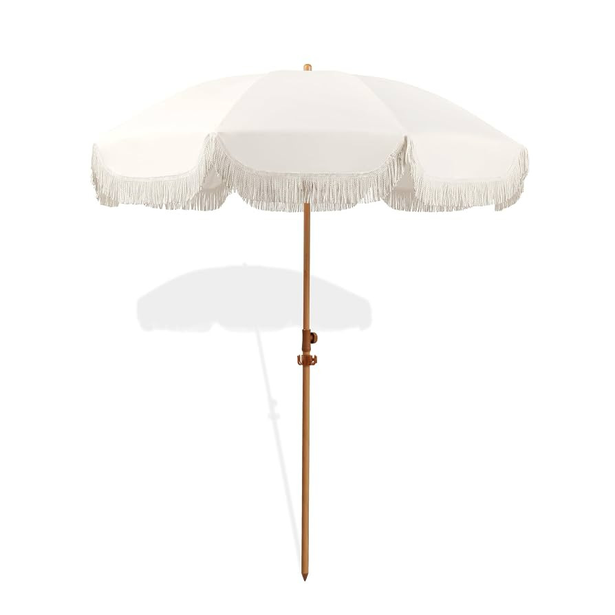 6.5ft Patio Umbrella with Fringe, Beach Umbrella, Fringe Umbrella Outdoor Patio with Hanging Hook... | Amazon (US)