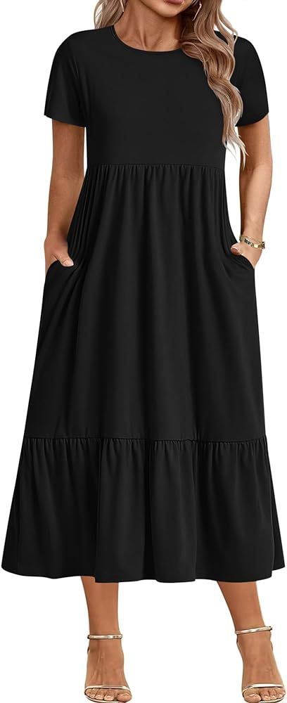 IN'VOLAND Women Plus Size Short Sleeve Dress Loose Plain Casual Summer Flowy Tiered Long Maxi Dre... | Amazon (US)