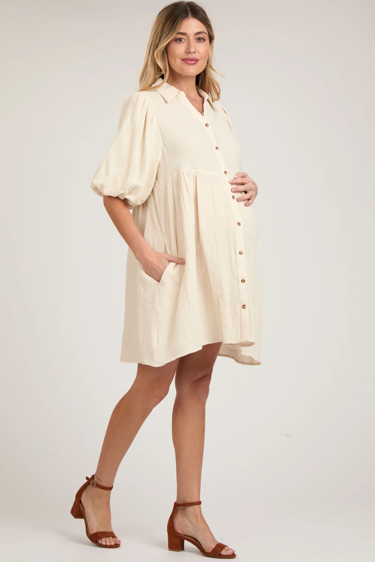 Lavender Button Down Bubble Sleeve Collared Maternity Dress | PinkBlush Maternity