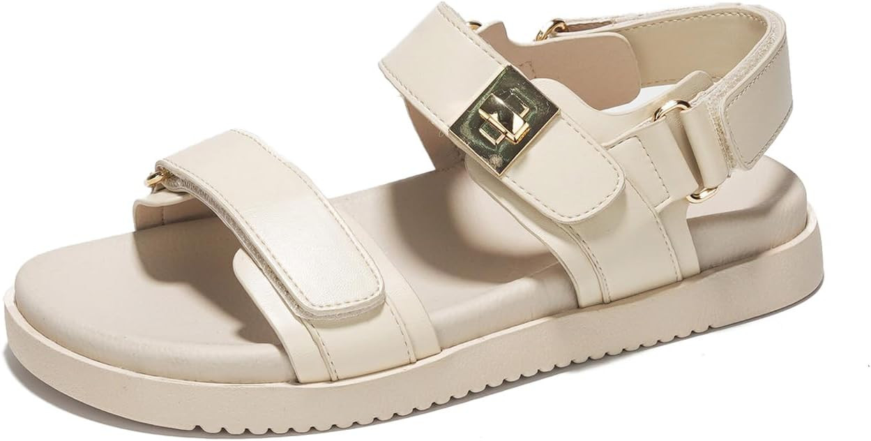 Leather Sandals Women Comfortable Adjustable Straps - Comfy Flat Sandals for Women - Memory Foam ... | Amazon (US)