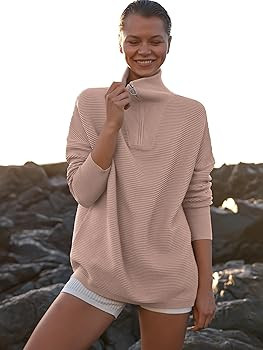 ANRABESS Women Quarter Zip Oversized Casual Loose Rib Knit Cozy Pullover Sweaters Top 2025 Fall F... | Amazon (US)