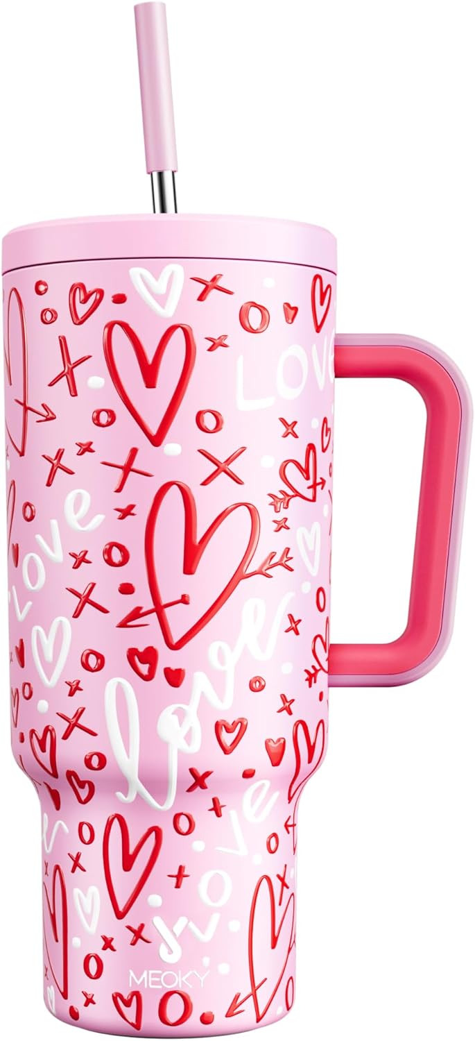 Meoky 40 oz Tumbler with Handle and Straw, Valentines Day Tumbler with Lid and Straw, Insulated S... | Amazon (US)