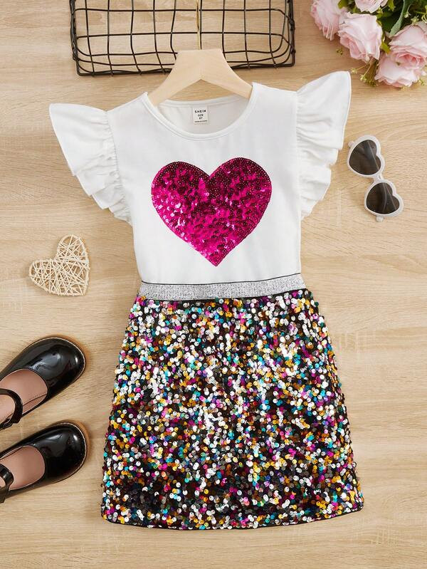 SHEIN Kids Y2Kool Girls Sequin Heart Pattern Ruffle Trim Tee & Skirt | SHEIN
