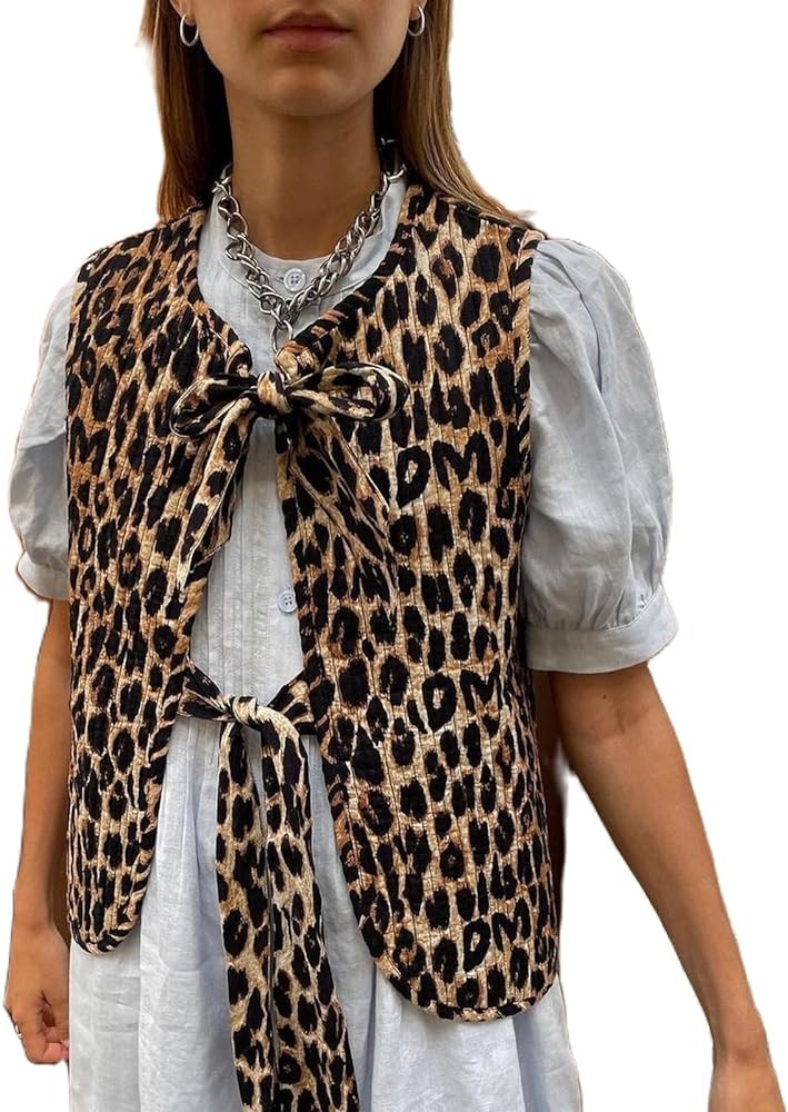 Seyurigaoka Women Leopard Quilted Vest Sleeveless Tie Front Shirts Floral Embroidered Vest Cardig... | Amazon (US)