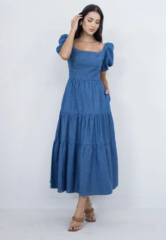 Vestido Midi Sisal Jeans Manga Bufante Azul | Dafiti (BR)