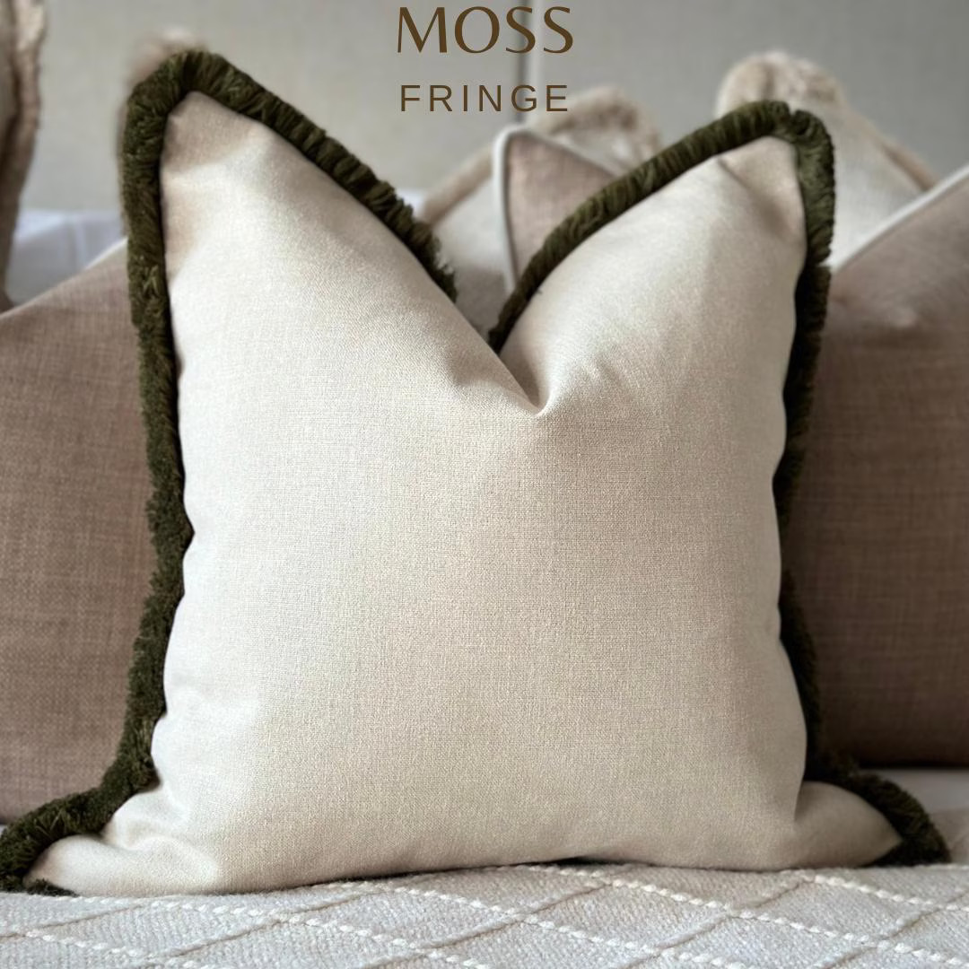 Dark Cream Cushion with Moss Green Fringe-  Luxury Modern Fringed Pillows - Neutral Farmhouse Dec... | Etsy (US)