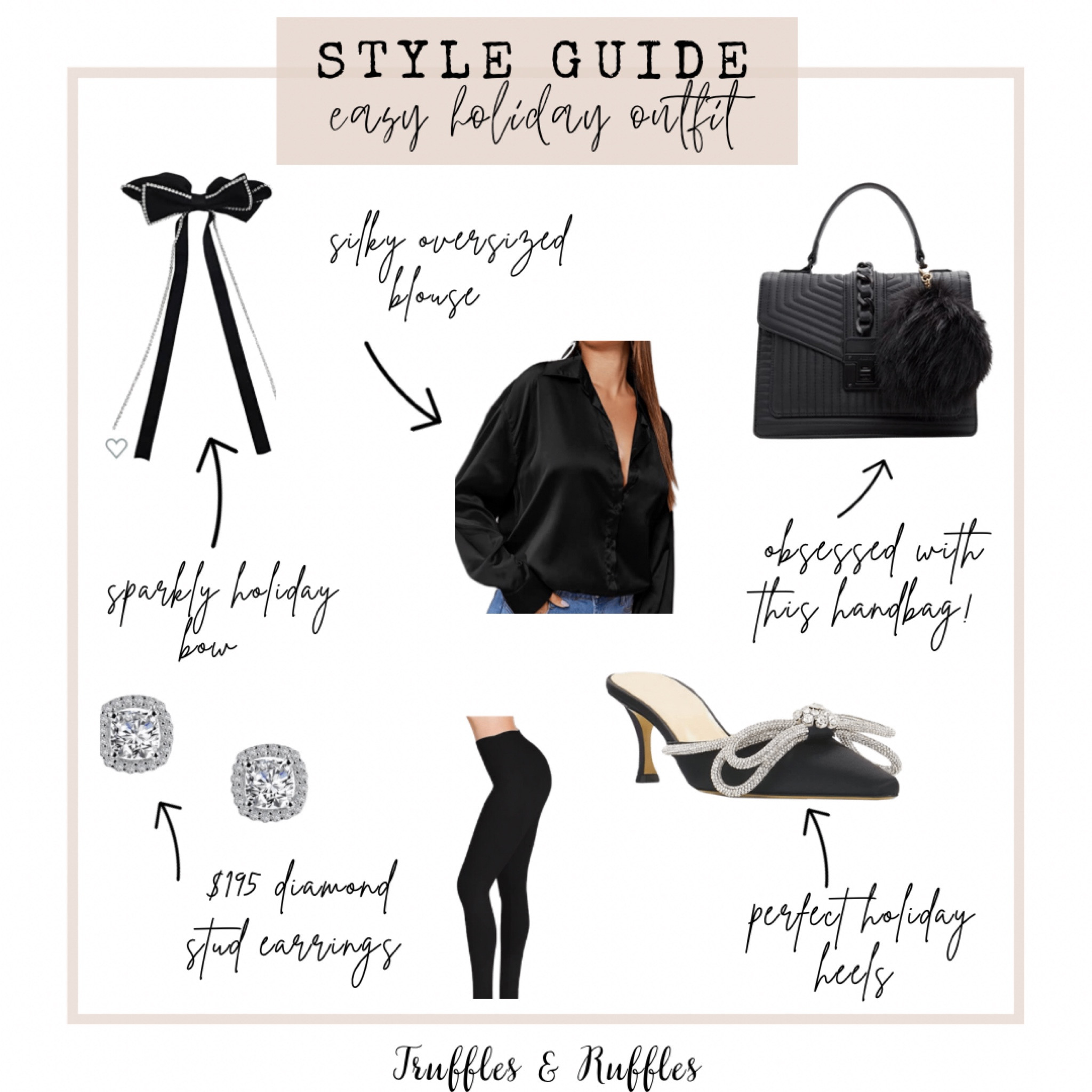 Easy Holiday Outfit!🖤 just add a little sparkle ✨ holiday outfits//holiday heels//sparkle bow heels//Aldo handbag//diamond studs//sparkly bow//holiday bow//silky blouse//Christmas gifts//holiday gifts//gifts//outfit ideas//style over 30// trufflesandruffles_ xoxo

#LTKHoliday #LTKFind #LTKstyletip