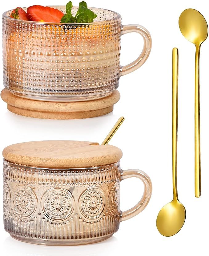 TIMIFTE Vintage Coffee Mugs Set of 2 Embossed Tea Cups, Overnight Oats Containers with Bamboo Lid... | Amazon (US)