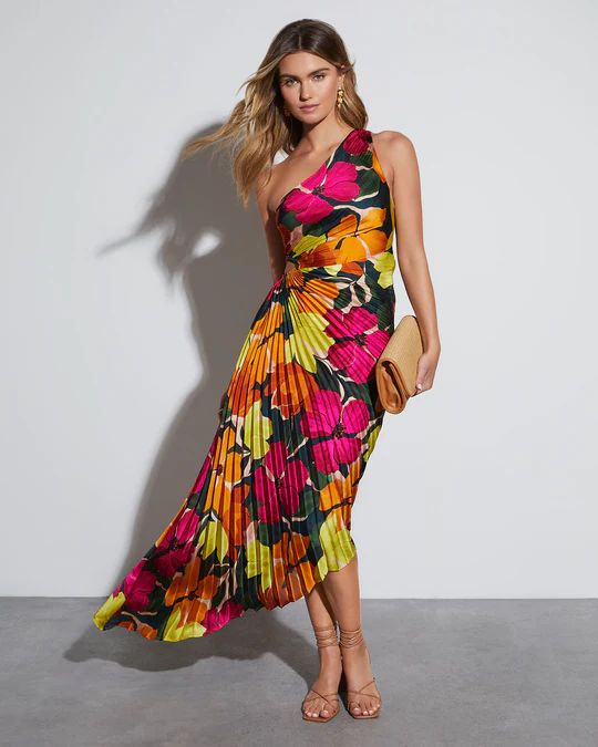 Modern Day Glam Satin Pleated One Shoulder Cutout Asymmetrical Maxi Dress | VICI Collection