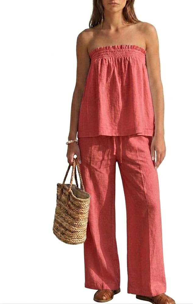 MAKABO 2 Piece Sets for Women Summer Tube Top Lounge Matching Trendy Wide Leg Pants Travel Airpor... | Amazon (US)
