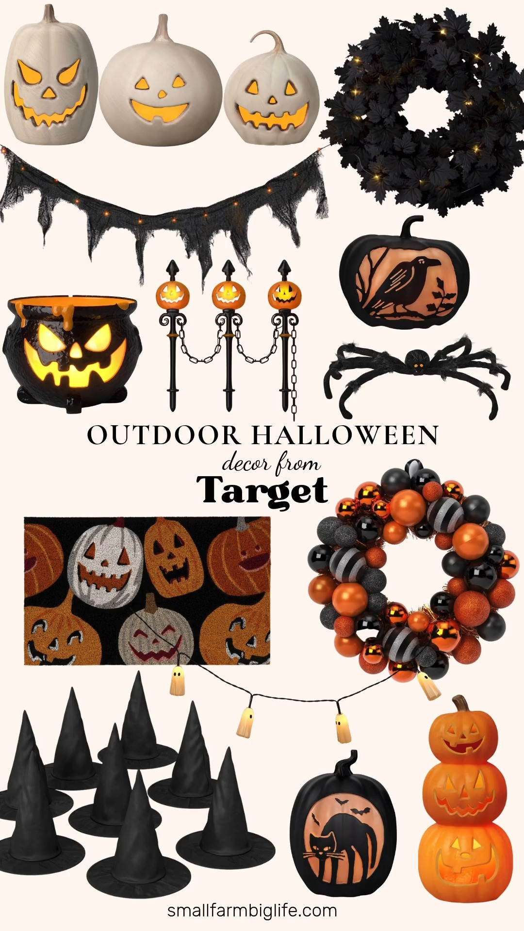 Outdoor Halloween Decor From Target 🎃 Get your front porch ready for trick or treaters with these festive Halloween decorations from Target's Hyde and EEK! Boutique. Lit jack o' lanterns are the star of this outdoor Halloween decor, with a triple stacked pumpkin, off white terracotta look pumpkins in three sizes, and classic lit pumpkins featuring a black cat and a raven, all with timers so they turn on automatically each night. Add a spooky glow with lit jack o' lantern fence stakes, ghost string lights, and black gauze garland lights. Finish your Halloween porch decor with a jack o' lantern coir doormat, a black oak leaf wreath or an orange and black ornament wreath, a plush spider with iridescent eyes, witch hats, and a cauldron mister for a spooky foggy effect. These pieces pair perfectly with your fall decor for a front porch that's festive all season long!

#targetfinds #targethalloween #halloweendecor #halloweenporch #falldecor 

 #LTKSeasonal #LTKHome