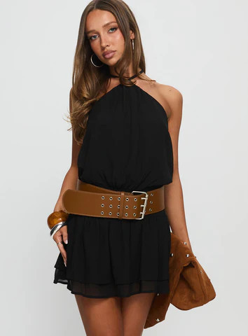 Khamira Halter Shirred Mini Dress Black | Princess Polly US