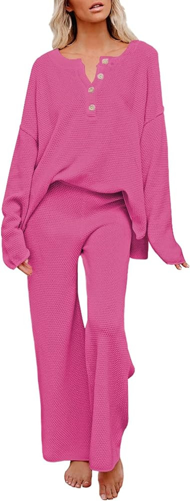 Pink Queen Women's 2 Piece Outfit Set Long Sleeve Button Pullover Sweater Top and Wide Leg Pants ... | Amazon (US)
