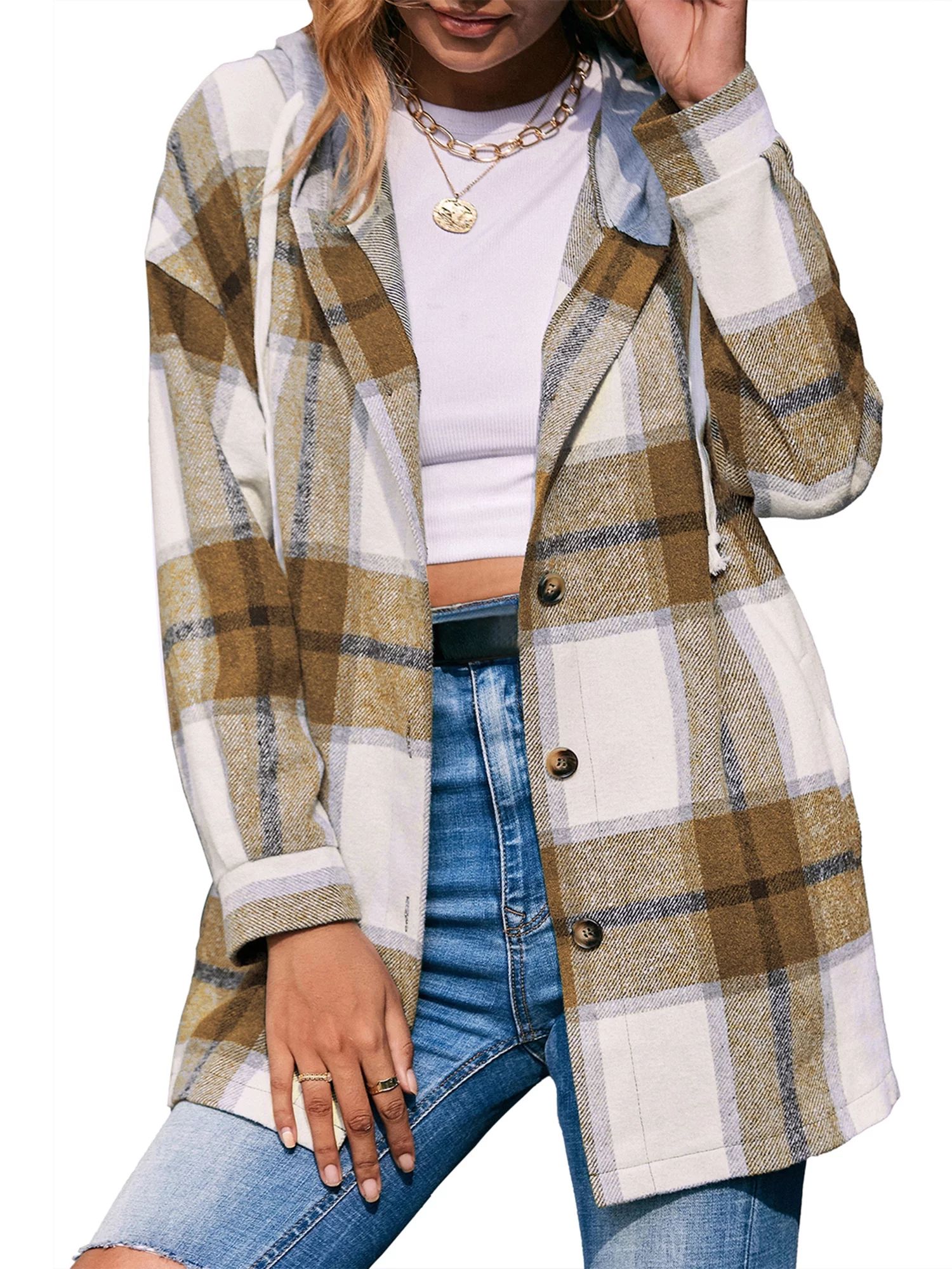 JBEELATE Women Flannel Jacket with Hood Fall Plaid Hooded Shacket Shirt Shacket Coat - Walmart.co... | Walmart (US)