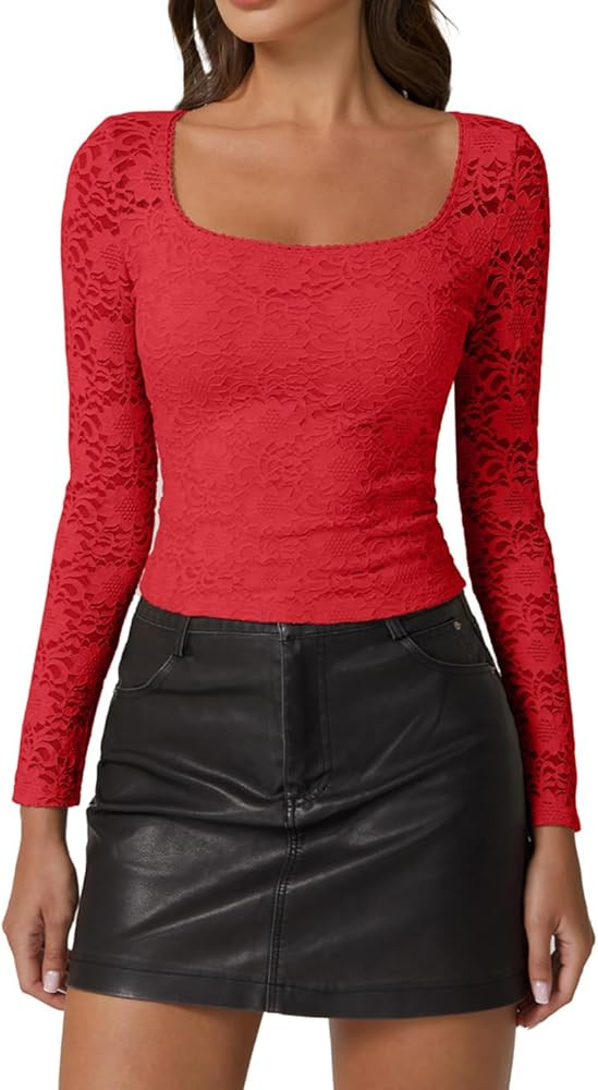 QINSEN Chic Floral Lace Crop Tops for Women Slimming Fit Long Sleeve Square Neck Going Out Basic ... | Amazon (US)