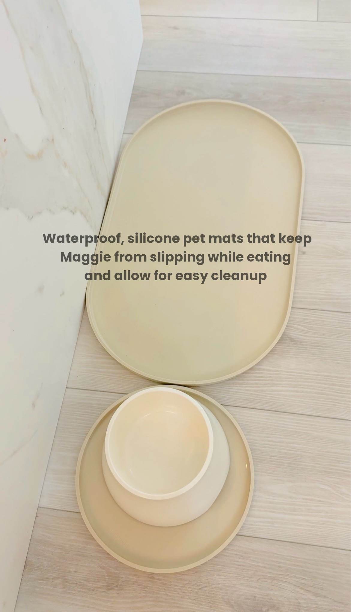 Maggie kept slipping while eating on our floors so we purchased these silicone waterproof mats to help her stand still and it’s been a lifesaver. They come in several sizes which is nice depending on what you need for your dog. Maggie is standing on a 24” x 14“ size. ￼

The raised dog bowl comes with a removable stainless steel bowl for easy clean up as well. 

We use the raised bowl and the round 10” mat for water outside of her feeding times so it pulls double duty. The height helps her drink (and eat) so much easier. Especially because she has no teeth and it’s hard for her to pull water in. ￼