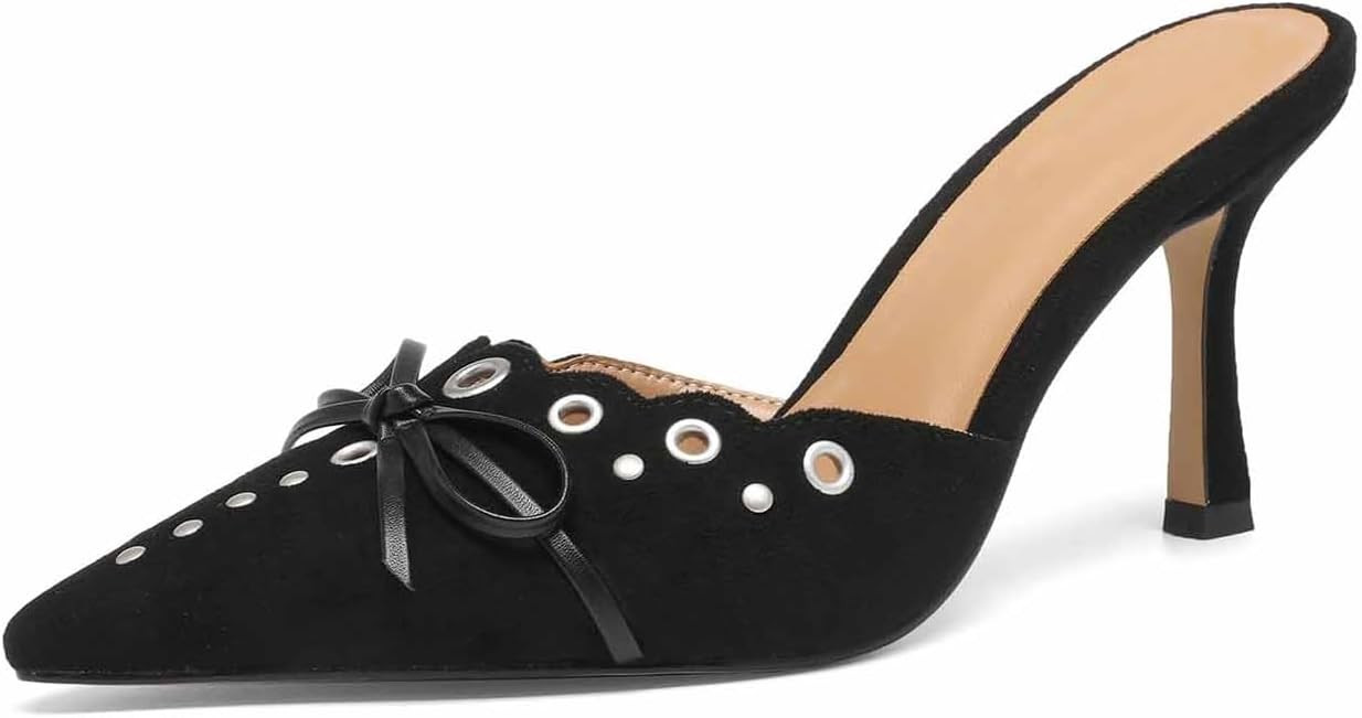 Kitten Heels for Women Pointed Toe Heels Studded Slip On Bow Heels Mules Faux Suede Sandals Kitte... | Amazon (US)