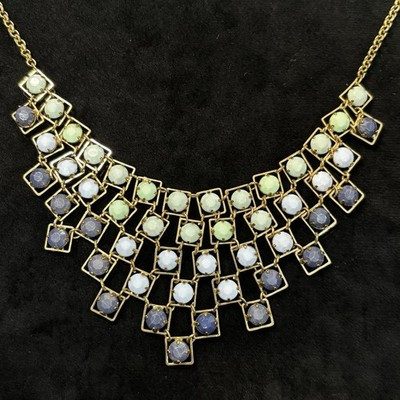 Vintage Gold Tone Bib Necklace Pastel Glass Stones Geometric Fringe | eBay US