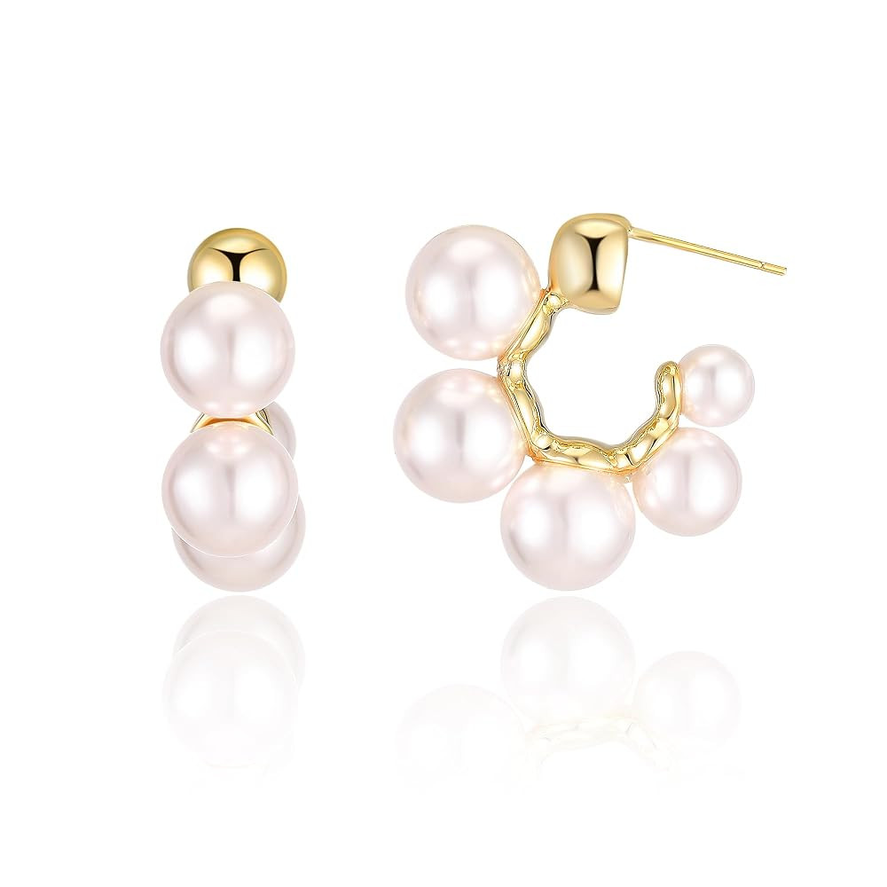 14K Gold Plated Pearl Hoop Earrings for Women, Trendy Pearl Earrings Cuff Lightweight Hypoallerge... | Amazon (US)