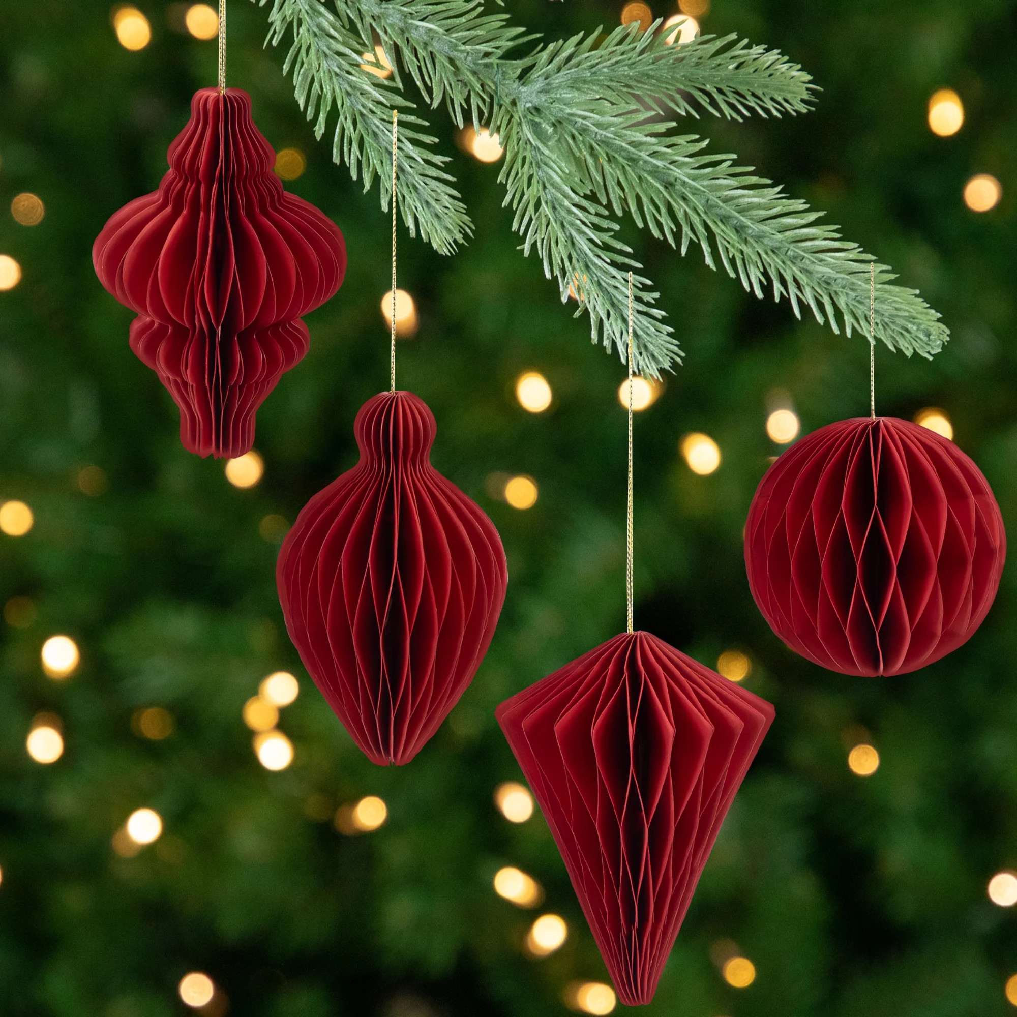 Northlight Foldable Honeycomb Paper Christmas Finial Ornaments - 4" - Red - Set of 4 | Walmart (US)