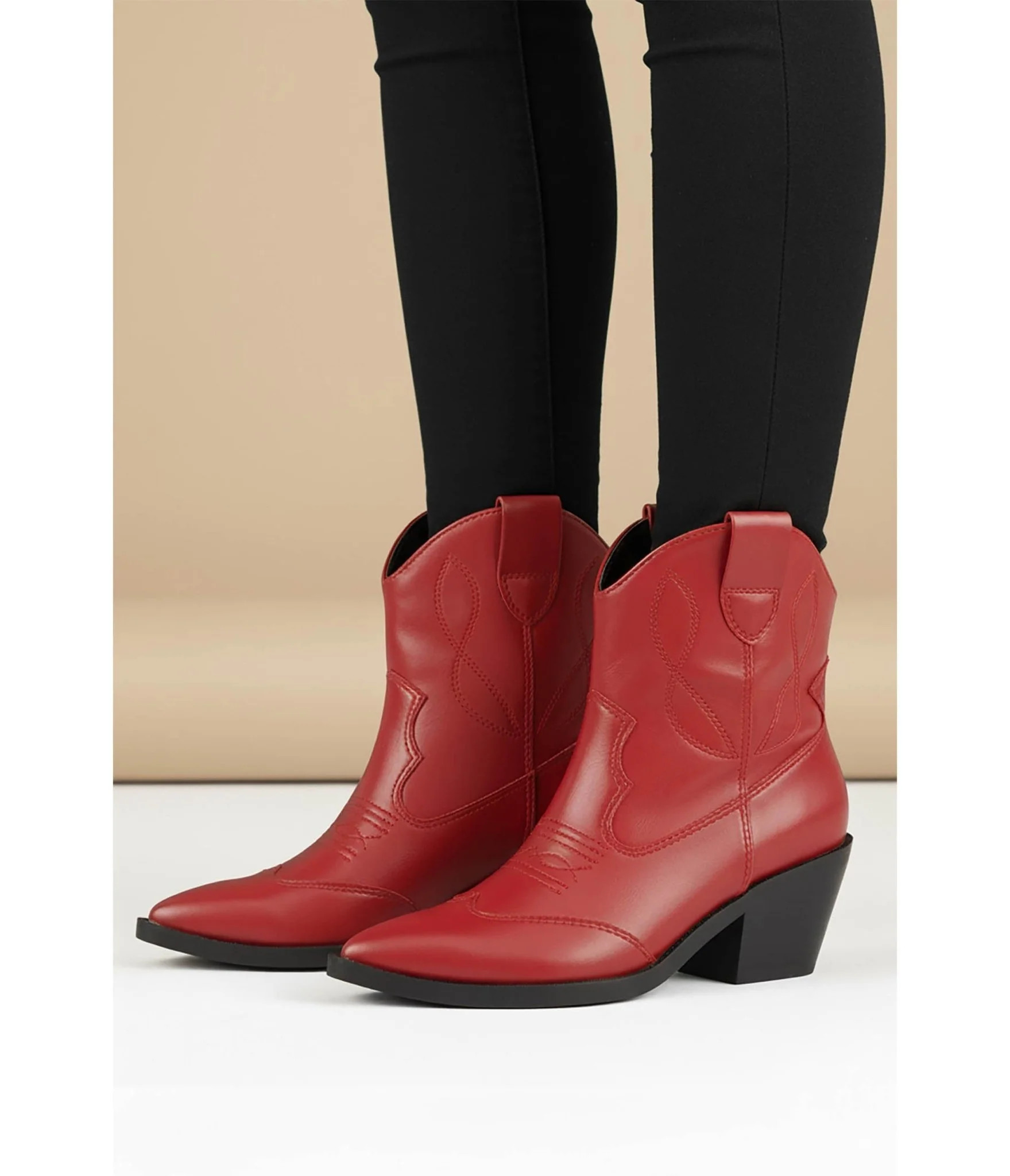 Red Leatherette Cowboy Ankle Boot | Unique Vintage - North America