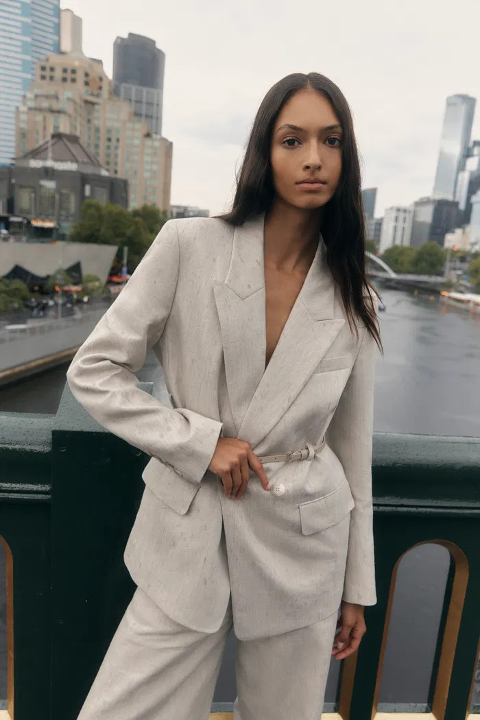 Charlie Deconstructed Asymmetric Double-Belt Blazer in Cotton Linen | Fabrique