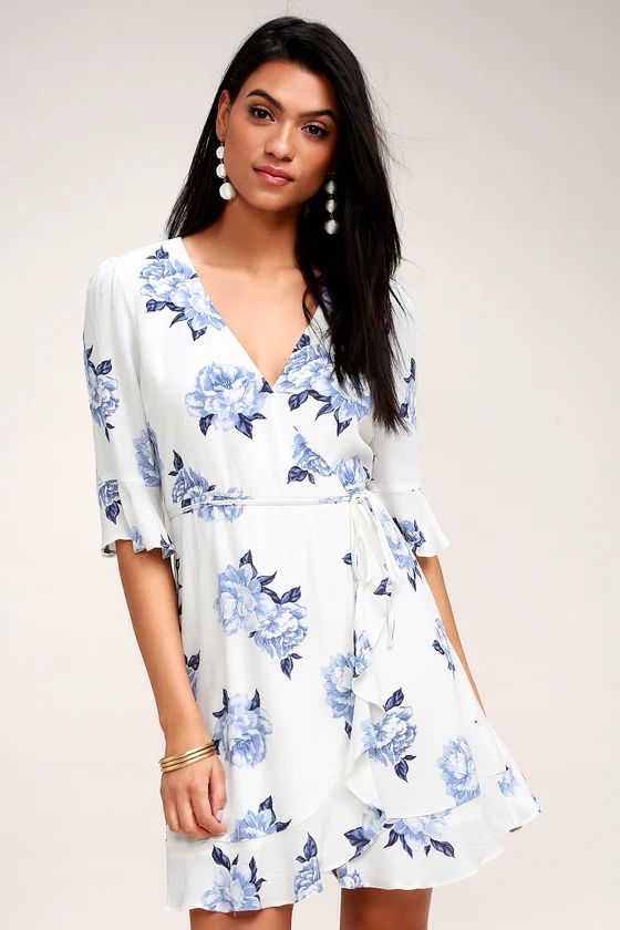 Pretty Peony Blue and White Floral Print Wrap Dress | Lulus (US)